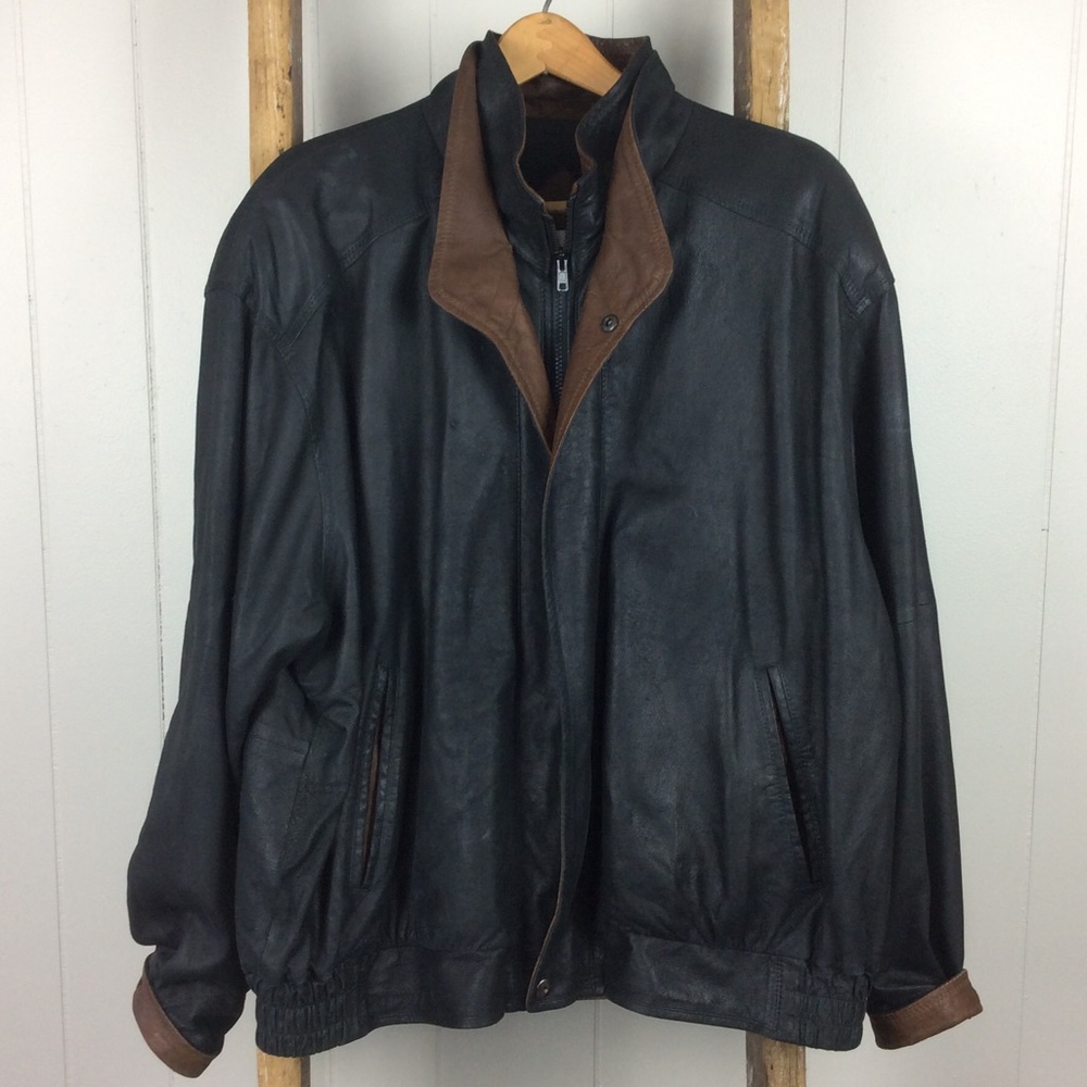 VTG Remy Bomber Leather Coat Double Collar Black Brown